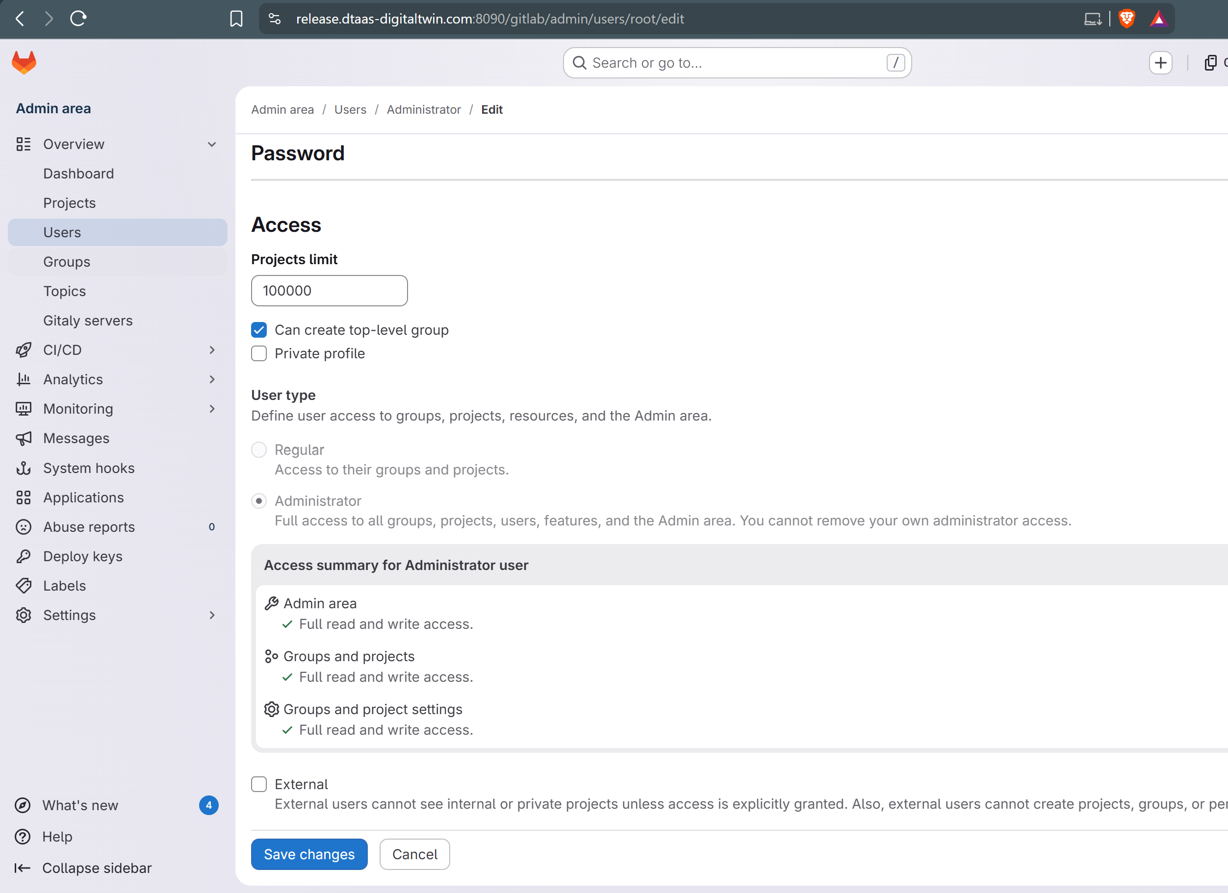 Administrator user type