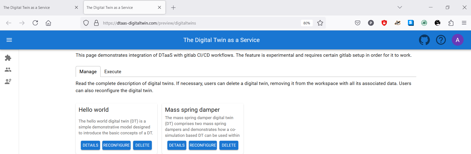 Manage Digital Twin Preview Page