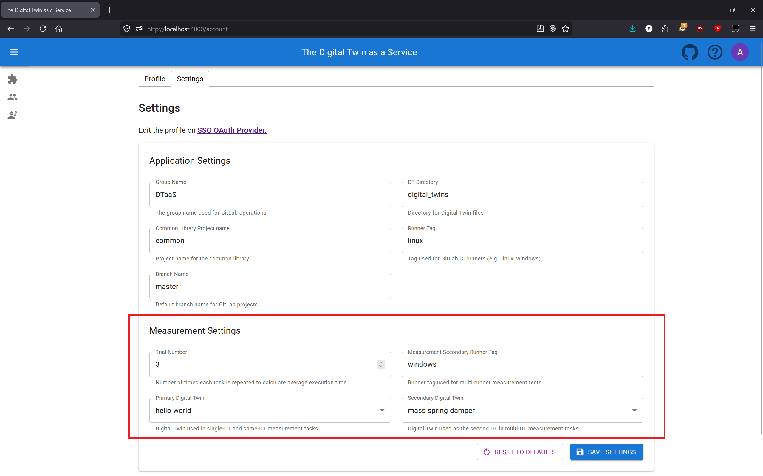 Showcase of the measurement specific settings