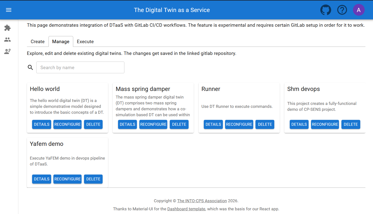Digital Twins Preview Page - Manage