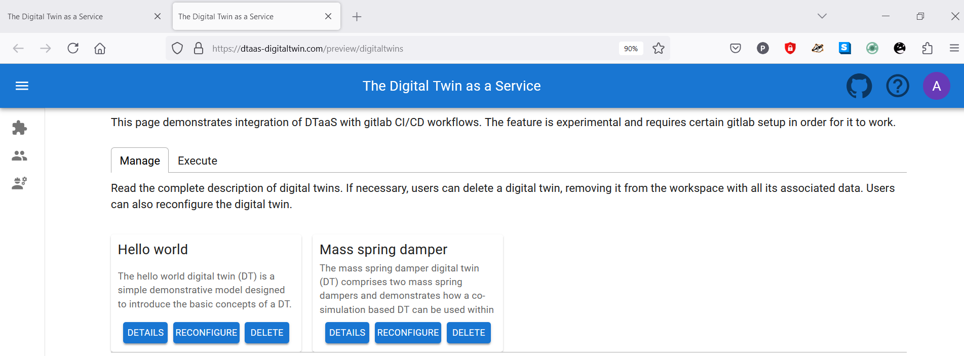 Digital Twins Preview Page - Manage