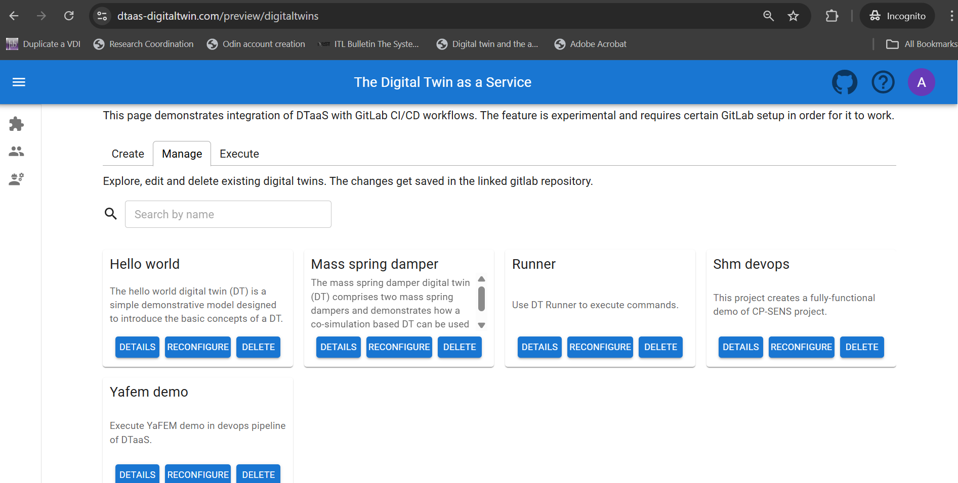 Manage Digital Twin Preview Page