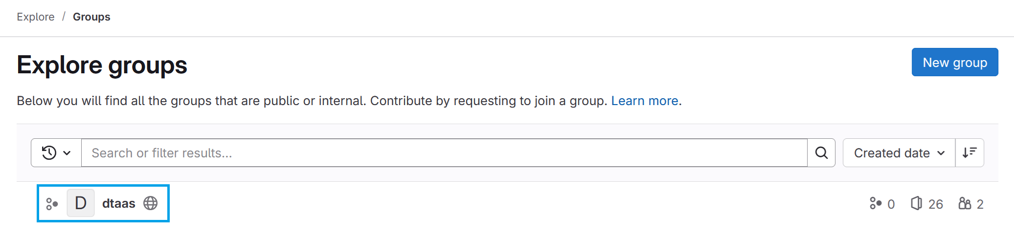 GitLab groups. One group named "dtaas"