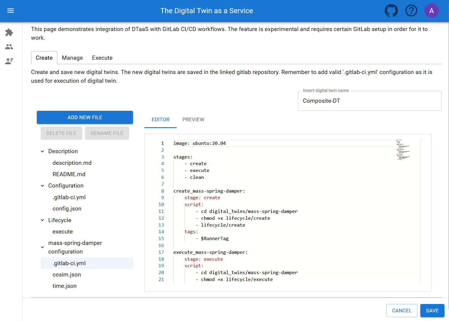 Digital Twins Preview Page - Create