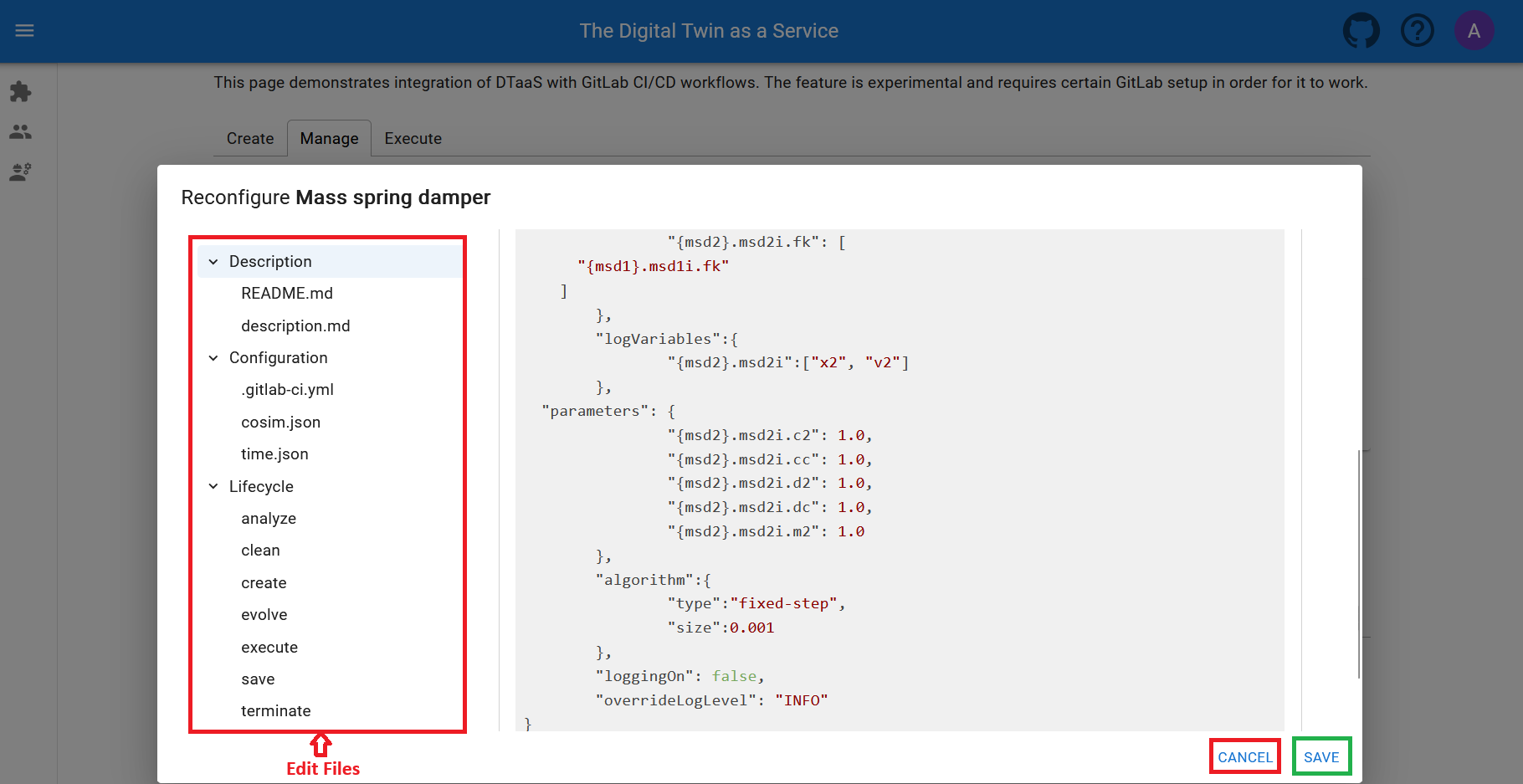 Digital Twins Preview Page - Manage