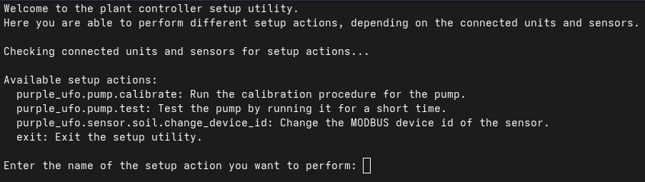 The setup utility's welcome page for a controller with 3 plants, one of which has a DFRobot soil sensor connected.