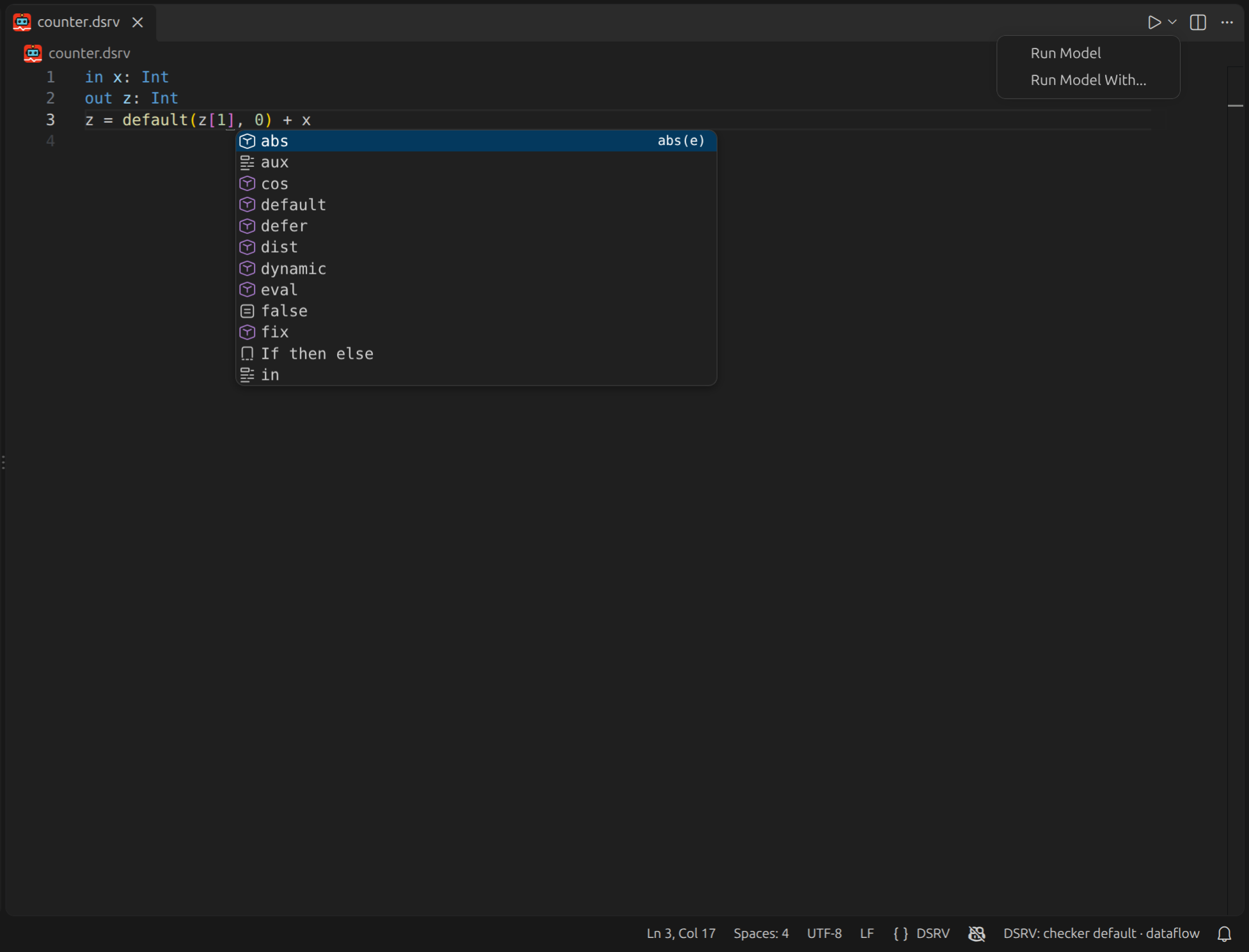 The DSRV extension in VS Code: syntax highlighting, completion, and the run button